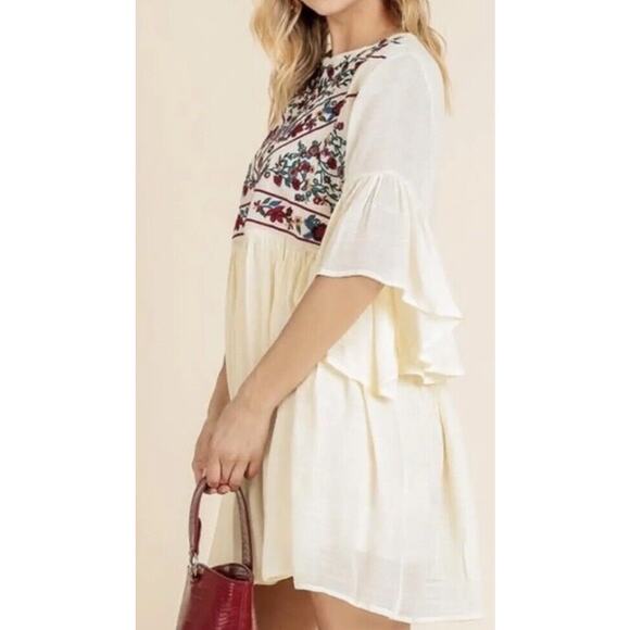Umgee The Hanna Embroidered Ivory Boho Mini Festival Dress Cottagecore Sz L - Picture 3 of 13